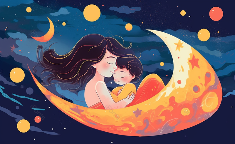 月亮上妈妈怀抱孩子母亲节手绘插画场景,插画/手绘图,插画/手绘图库,插画/手绘图下载,插画/手绘